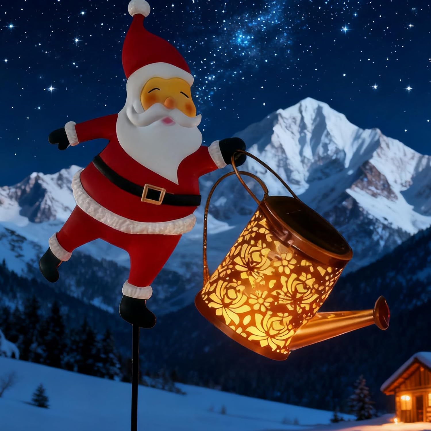 Christmas Solar Kettle Lights Garden Lawn Decorative Lights, 2026 Hanging Metal Solar Santa Claus Watering Can with Led Light, Vintage Waterproof Outdoor Lantern Decoration (Colored Lights, 1pc)