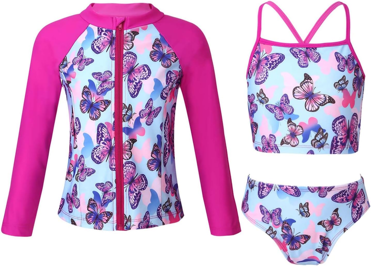 Freebily Kids Girls 3pcs Tankini Set Swimwear Sun Protection Rash Guard Swimsuit Bathing Suit