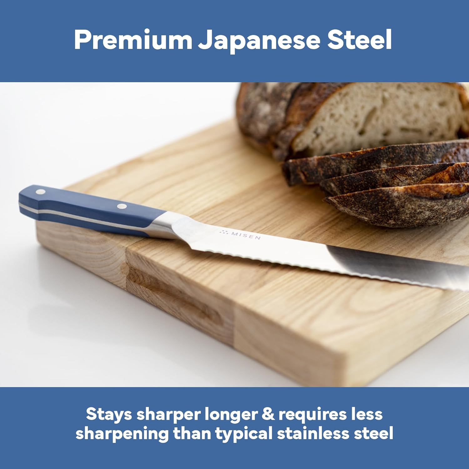 Misen Serrated Bread Knife - High-Carbon Japanese AUS8 Steel - Perfect for Soft Foods, Bread, Pastries, and Fruits - Verstatile Slicer, Razor-Sharp Edge, Durable Blade, Ergonomic Handle - 5", Blue