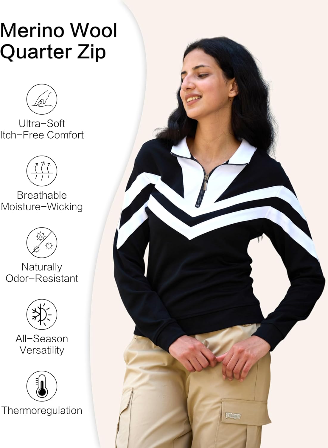 Merino Wool Quarter Zip Pullover for Women for Sport Workout, Thermal Collared Soft Cozy Sweatshirts for Women