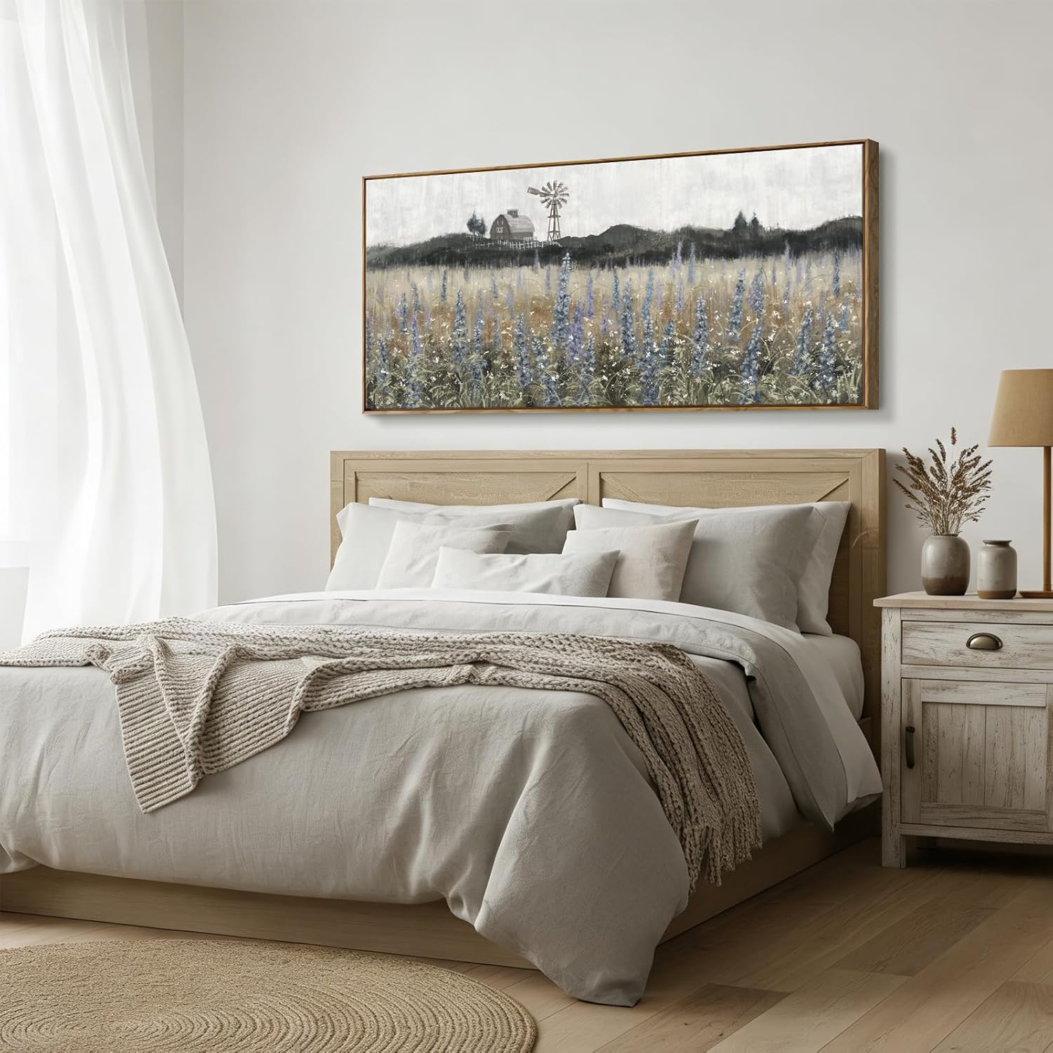 Framed Canvas Wall Art for Living Room Rustic Farmhouse Scenery Vintage Countryside Windmill Barn Picture Nature Wilderness Landscape Wildflower Field Meadow Print Painting Retro Artwork 48"W x 24"H