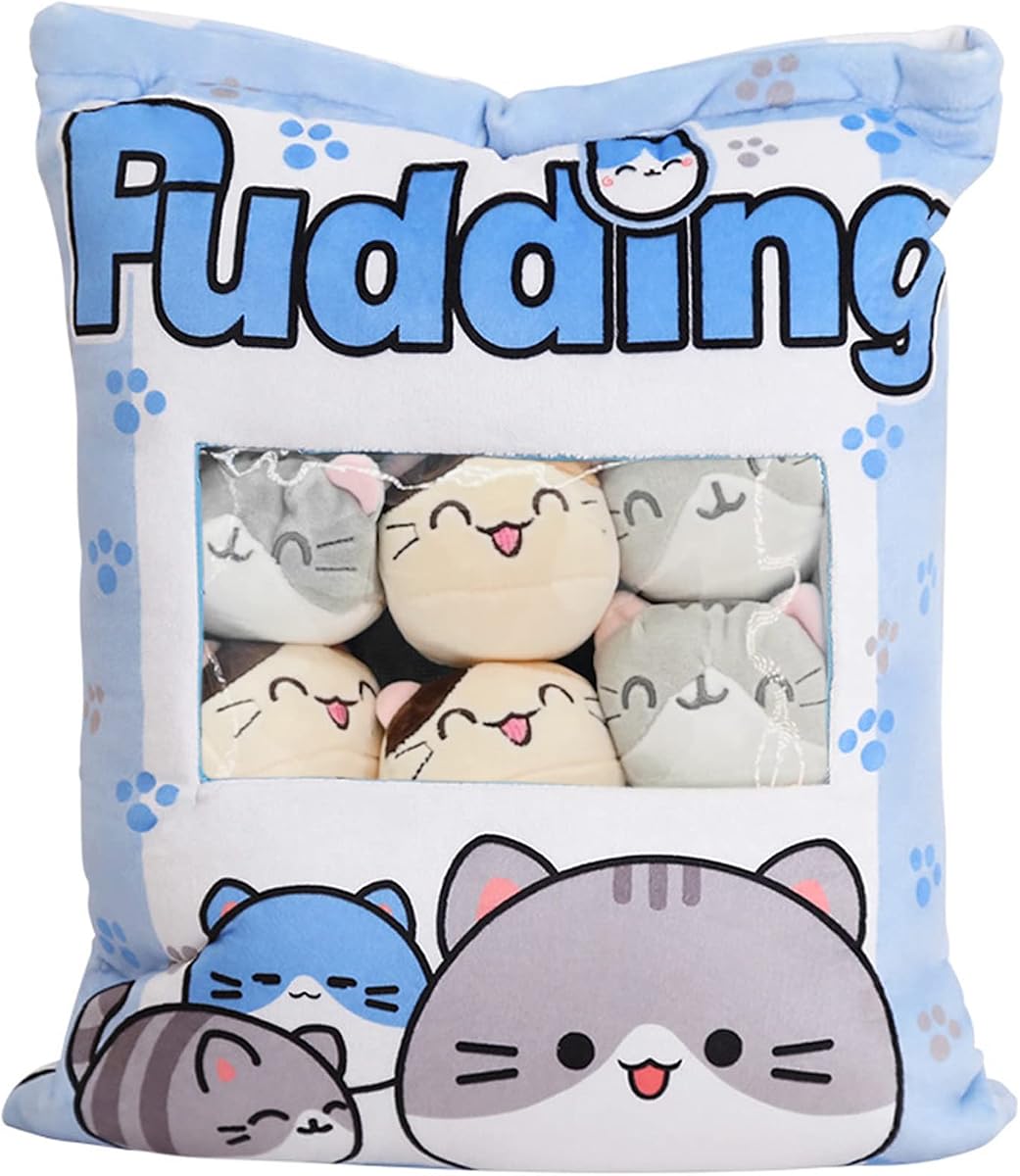 REFAHB Linda almohada de felpa, almohada extraíble, juguetes de peluche, regalos creativos para niñas (gatito-azul)