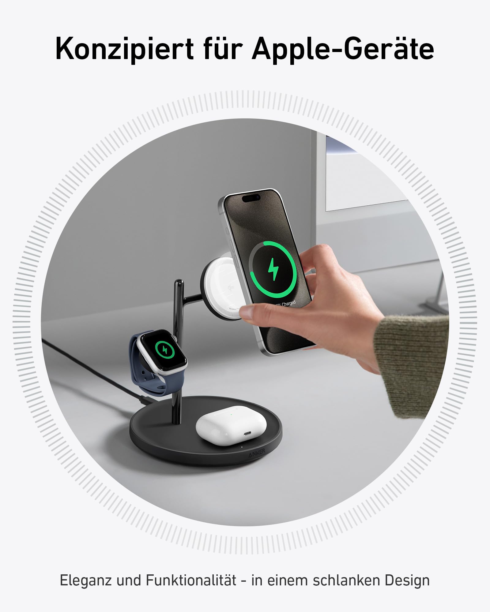 Anker MagGo 3-in-1 Kabellose Ladestation, 15W kabelloser Ladeständer, MagSafe-kompatibel, Qi2-zertifiziert, für iPhone 17/16/15/14 Serie, AirPods Pro, Apple Watch Ultra (Mit USB-C Netzteil und Kabel)