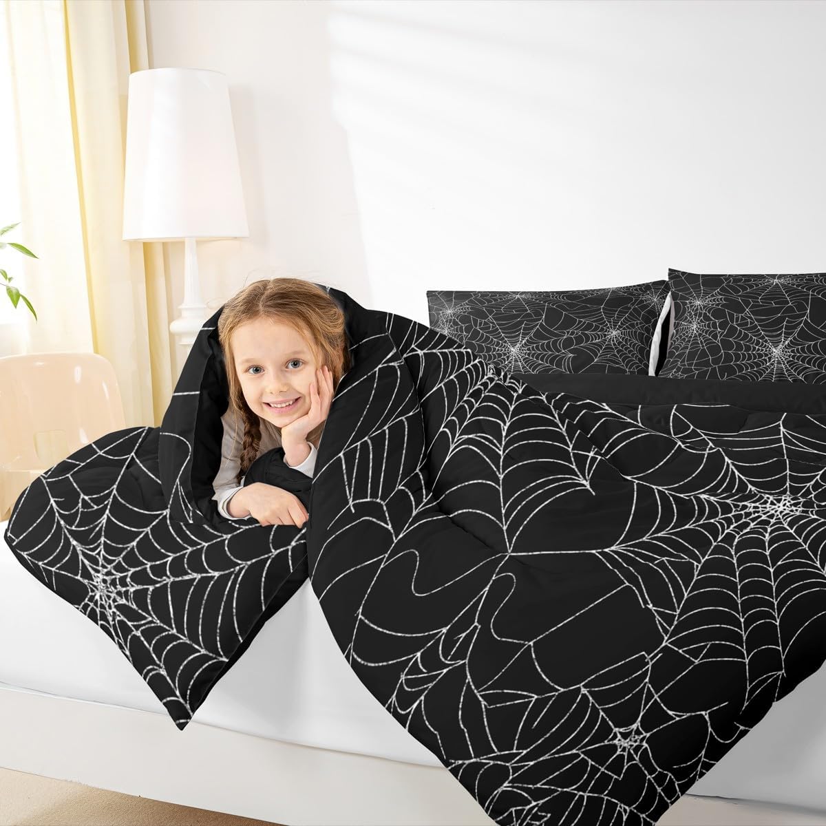 Feelyou Spider Web Comforter Set Queen Size for Kids Boys Girls Halloween Goth Art Black White Bedding Set Duvet 1 Comforter+ 2 Pillow Shams