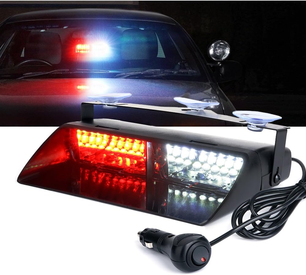 Xprite White Red LED Emergency Dash Strobe Light, Interior Windshield Safety Warning Firefighter Lights w/Suction Cups, 12V Windshield Visor Light Bar for Police Ambulance EMS Patrol Vehicles Trucks
