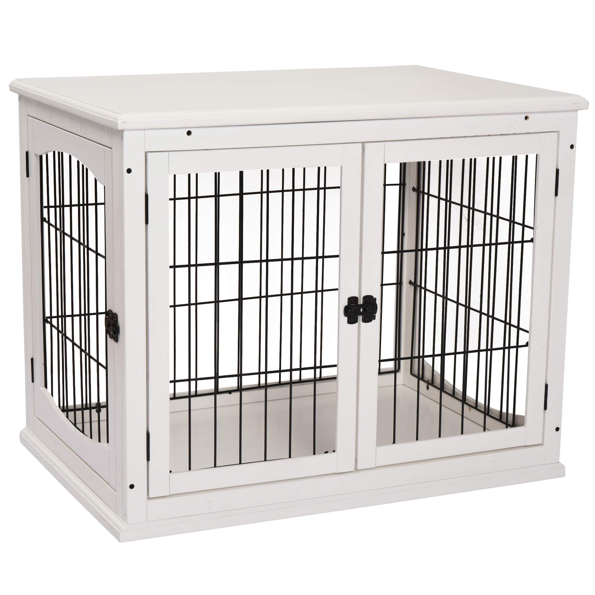PawHut Pet Crate End Table Wooden Dog Kennel Cage w/Metal Wire 3 Doors