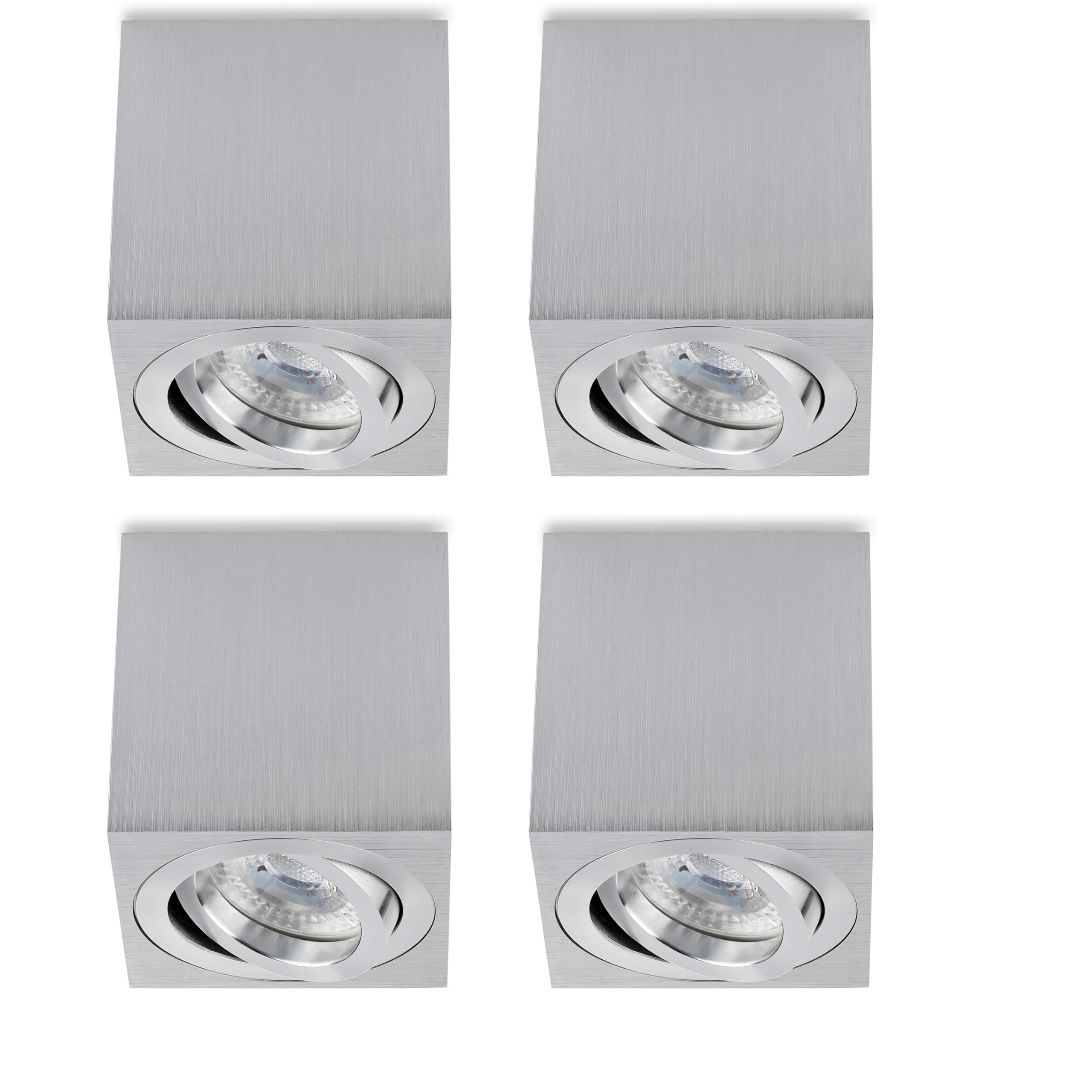 Sweet Led Aufbaustrahler aus Aluminium - 4x Deckenspots 7W 3000K warmweiß - LED Aufbauspot alu gebürstet Eckig - Aufbauspot GU10 80x80x84 mm - Aufputz 230V schwenkbar