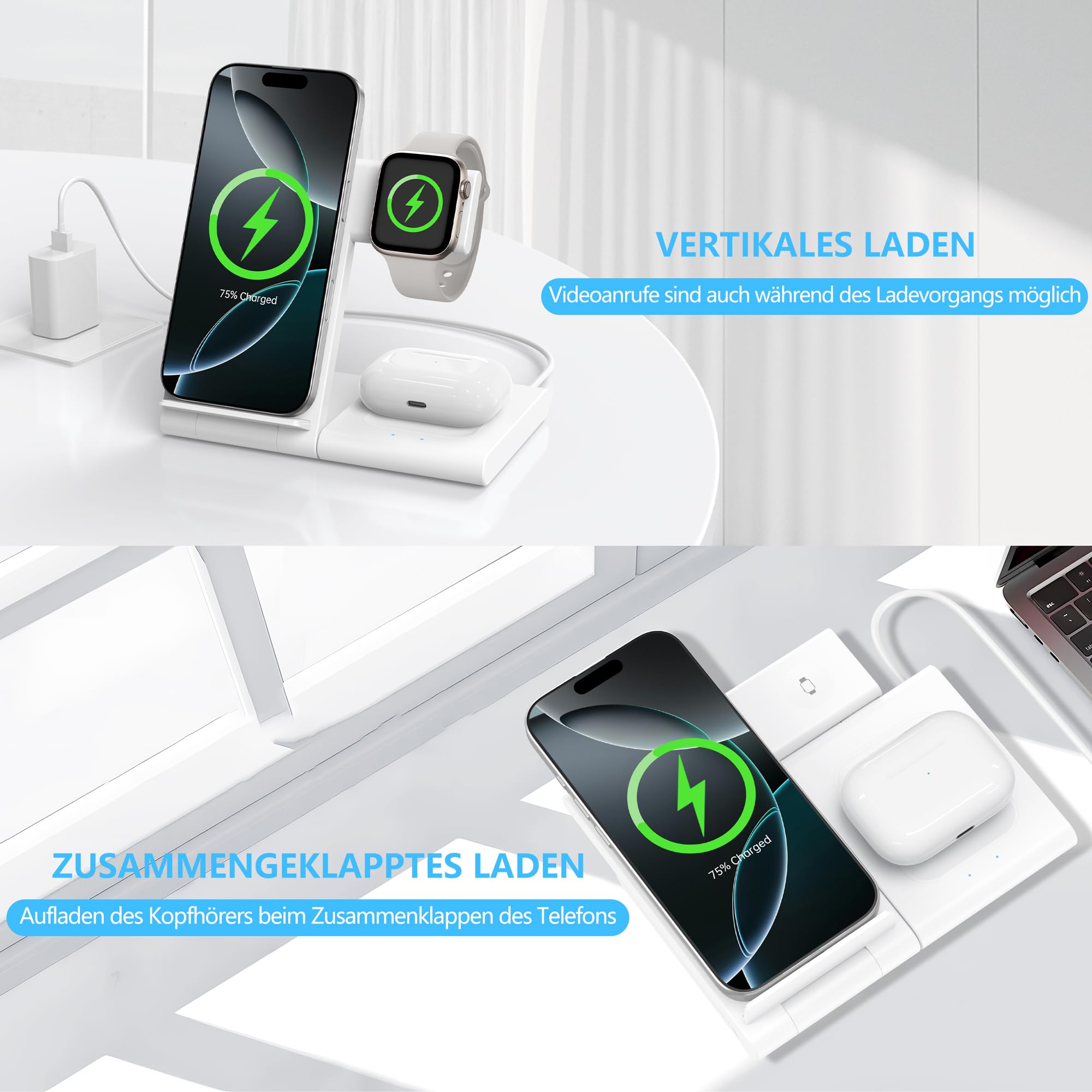 Ladestation Apple Watch und iPhone, 3 in 1 Ladestation für iPhone 17/16/15/14/13/12/11/Pro/Max/Plus, Apple Watch Ultra 3/11/10/9/8/7/6/SE 3, für AirPods 4/3/2/Pro 3 (Weiß)