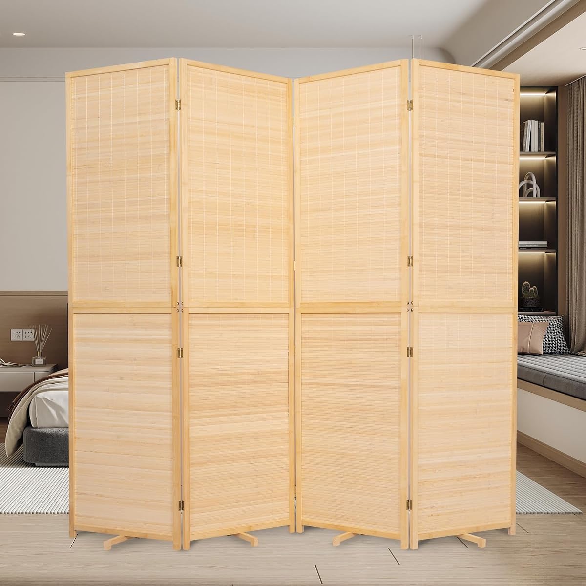 Bamboo Mesh Woven Room Divider 5.6FT,4 Panel Folding Privacy Screen,Beige | Hand-woven Bamboo Room Dividers,Folding Privacy Screens,Rotatable Support Feet,Freestanding,Portable Wall Divider