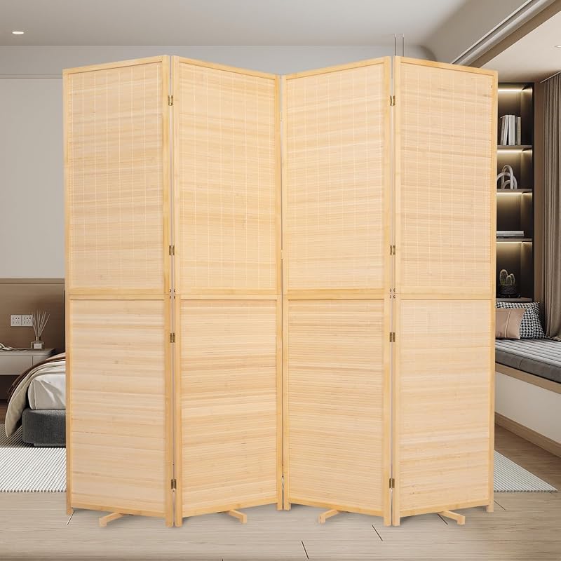 Bamboo Mesh Woven Room Divider 5.6FT,4 Panel Folding Privacy Screen,Beige | Hand-woven Bamboo Room Dividers,Folding Privacy Screens,Rotatable Support Feet,Freestanding,Portable Wall Divider