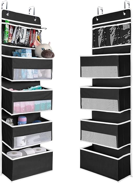 NesTidy Over The Door Organizer Storage, Wall Mount Hanging Organizer with 4 Large Capacity Pocket Organizers and 3 Small Pockets for Baby Essentials, Toys, Cosmetics, and Sundries (Black, 1 Pack)