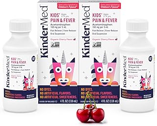 KinderMed Kids' Pain & Fever Medicine, for Ages 2-11 Years, No Dyes, No Artificial Flavors, No Artificial Sweeteners, Vegan, Non-GMO, Gluten Free, Organic Cherry Flavor, Two Pack, 2 x 4 fl. oz