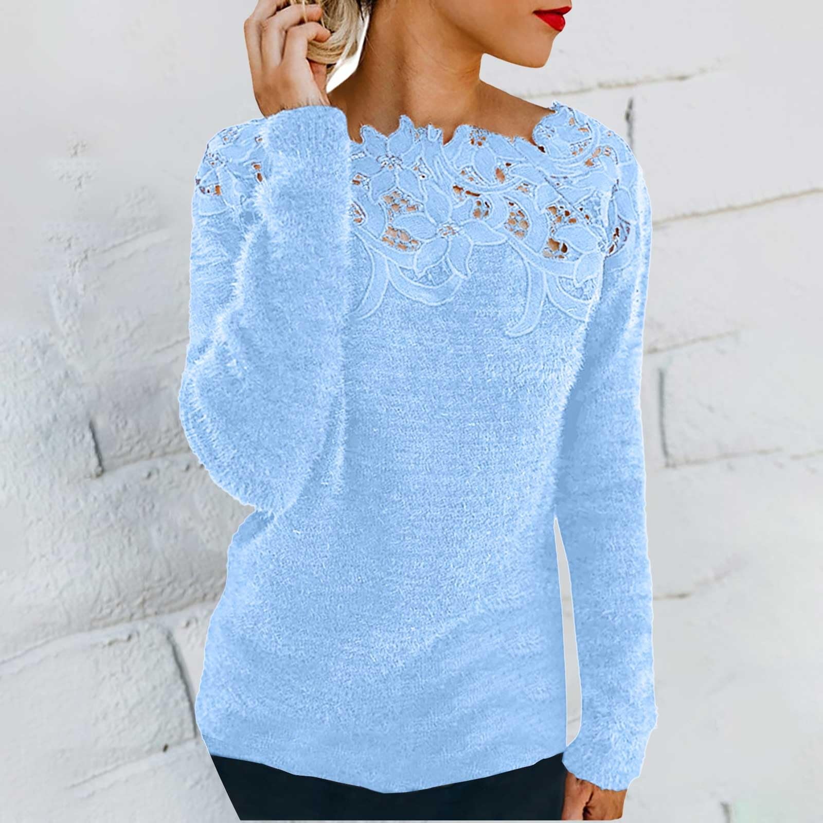 Pull Femme Chic Et Elegant Col Rond Hauts Patchwork en Dentelle Couleur Unie Sweat Polaire Hiver Chaud Manche Longue Pullover Léger DéContracté Pulls en Tricot Vetements Femme Sweater Pas Cher