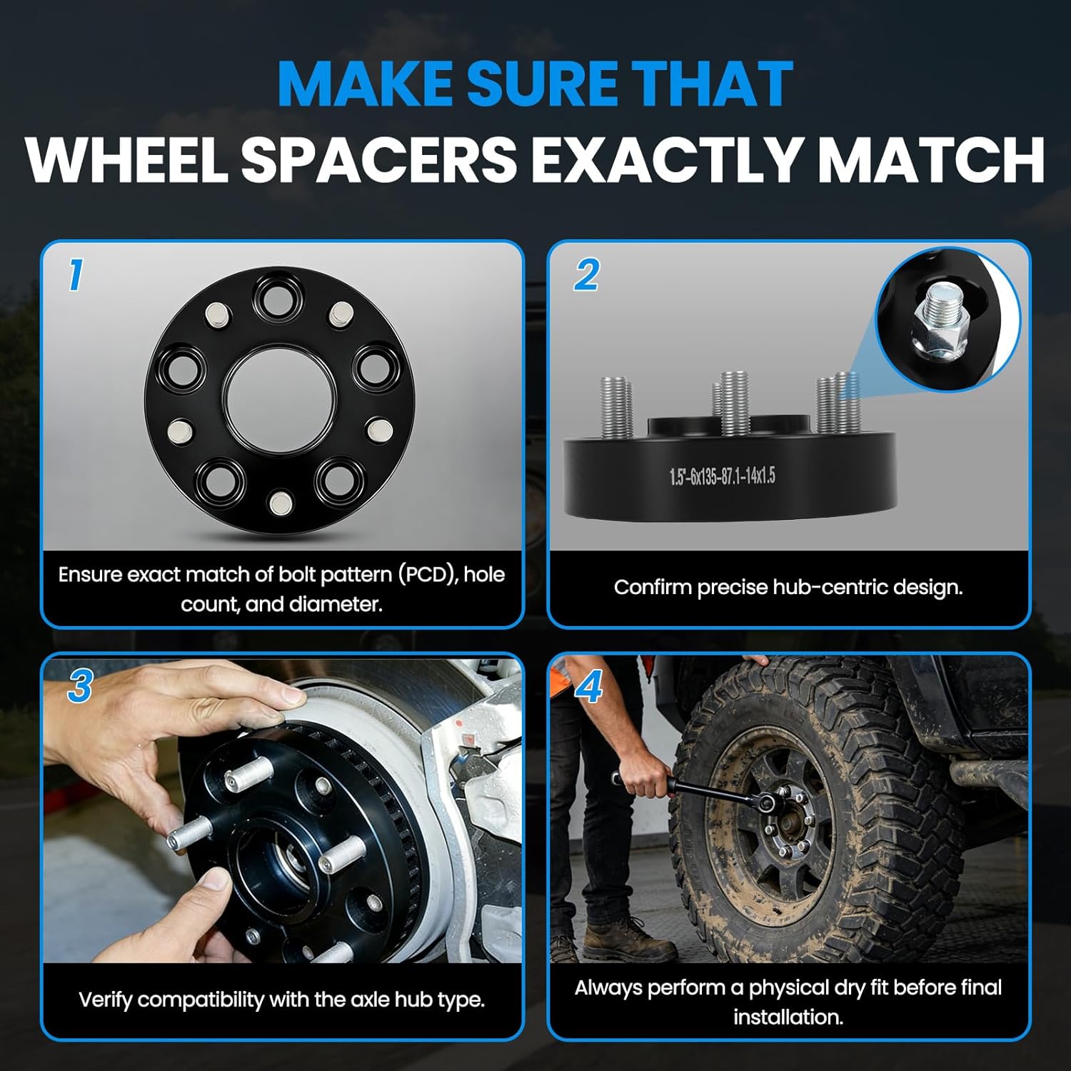 6x135 Wheel Spacers Hubcentric Real Forged Spacers Center Bore 87.1mm M14x1.5 Studs for 2015–2025 F-150, 1.5"(38.1mm) 2015–2025 Expedition, 2015–2025 Navigator/Lobo for 6 lug Set of 4 Black