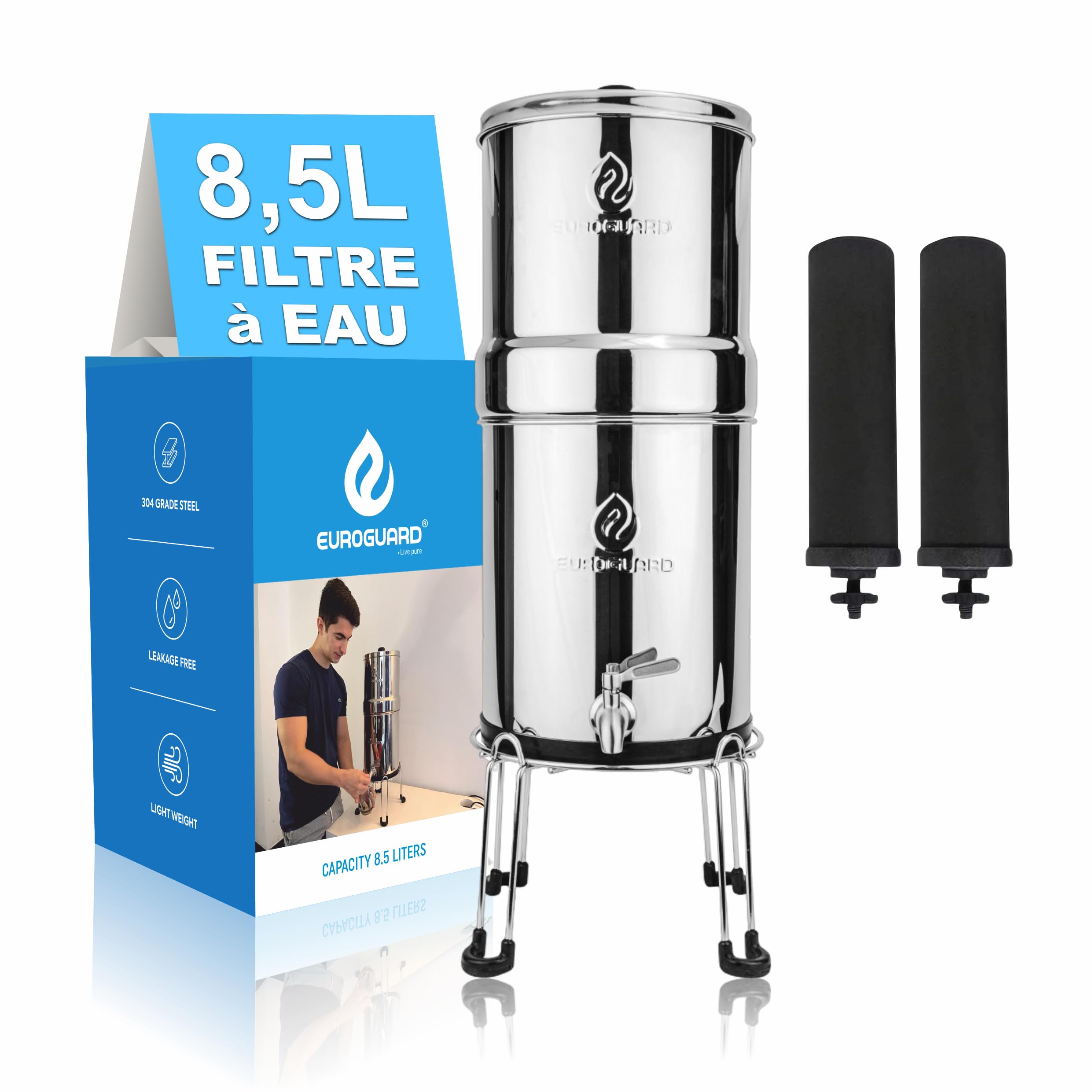 EUROGUARD® Filtre à gravité - Système de Filtration d'eau en Acier Inoxydable 304, 8,5 L, 2 filtres à Charbon Actif, Robinet 100% INOX avec Support en Acier Inoxydable