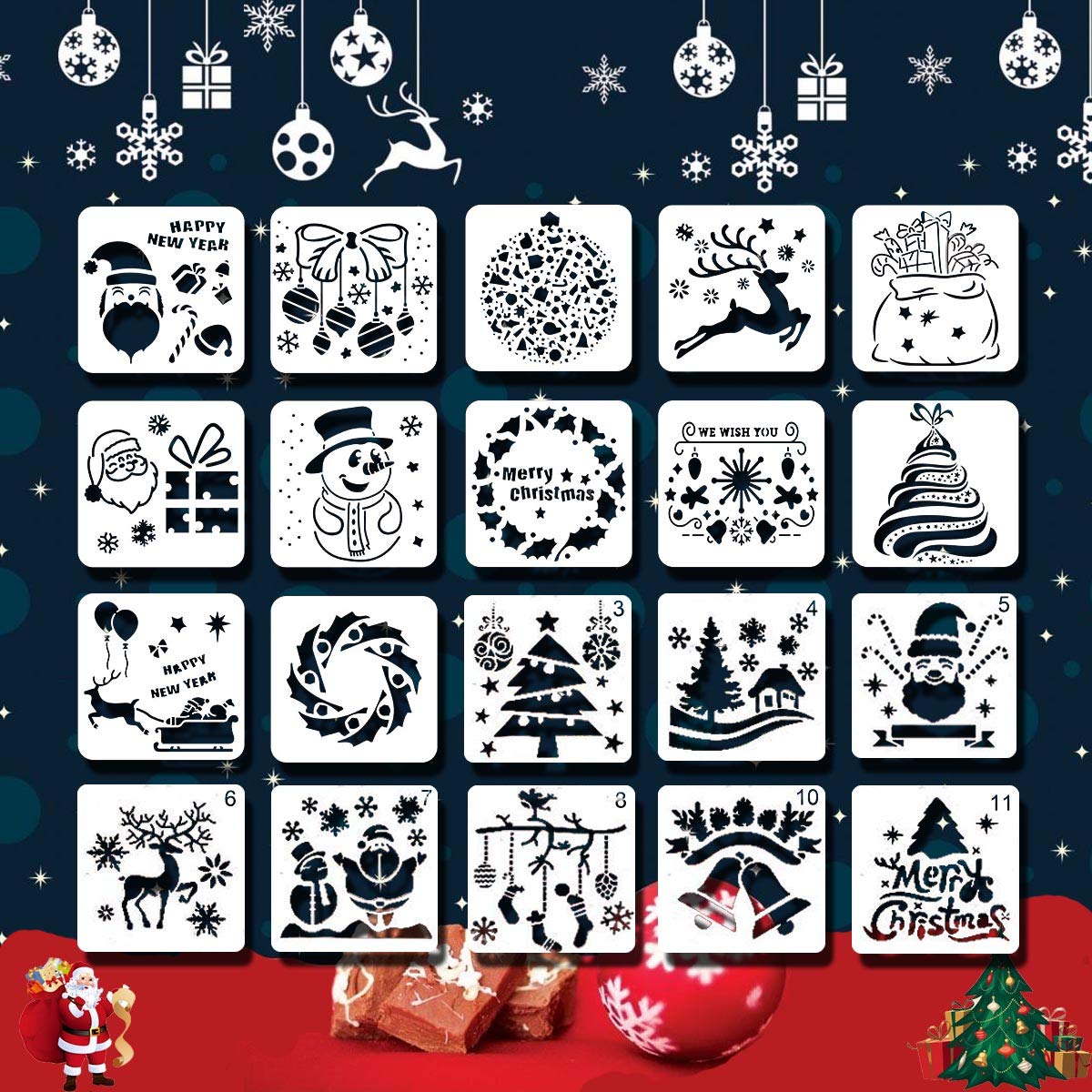 Christmas Stencil Set, 20Pcs 5.9x5.9 inches Christmas Stencil Template DIY Decor Stencils Craft Scrapbooking Plastic Drawing Cards Printing Christmas Stencils for Cookies,Wall,Glass,Card etc