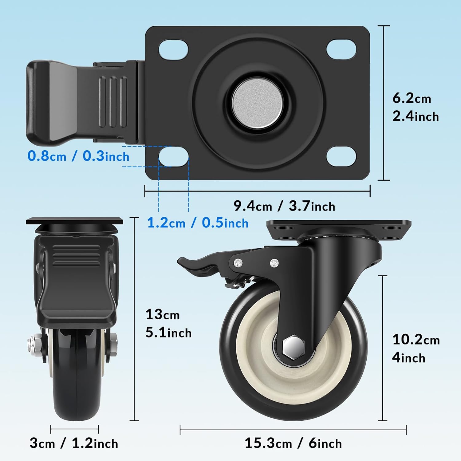 4 Inch Caster Wheels, Set of 4 Heavy Duty, Large Industrial Plate Casters with Dual Locking Brake, 2200lbs Load Capacity, Swivel Rolling Wheel for Cart, Furniture and Workbench