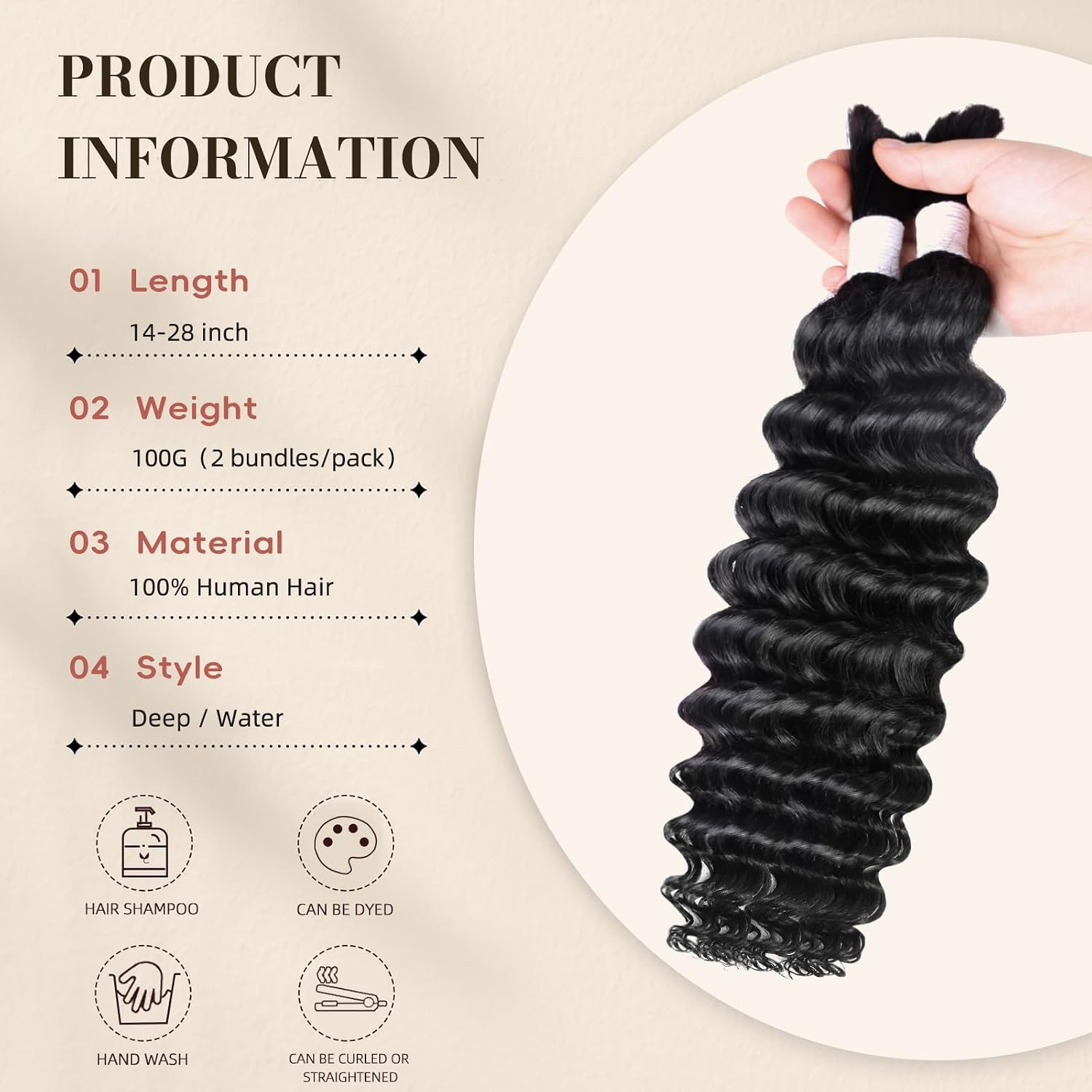 Boho Hair For Braiding, Human Boho Braiding Hair,100g 20 Inch Deep Wave Boho Human Hair for Braiding 15A 100% Unprocessed Tangle-Free & No Shedding Curly Hair for Knotless Box Braids(#1B)