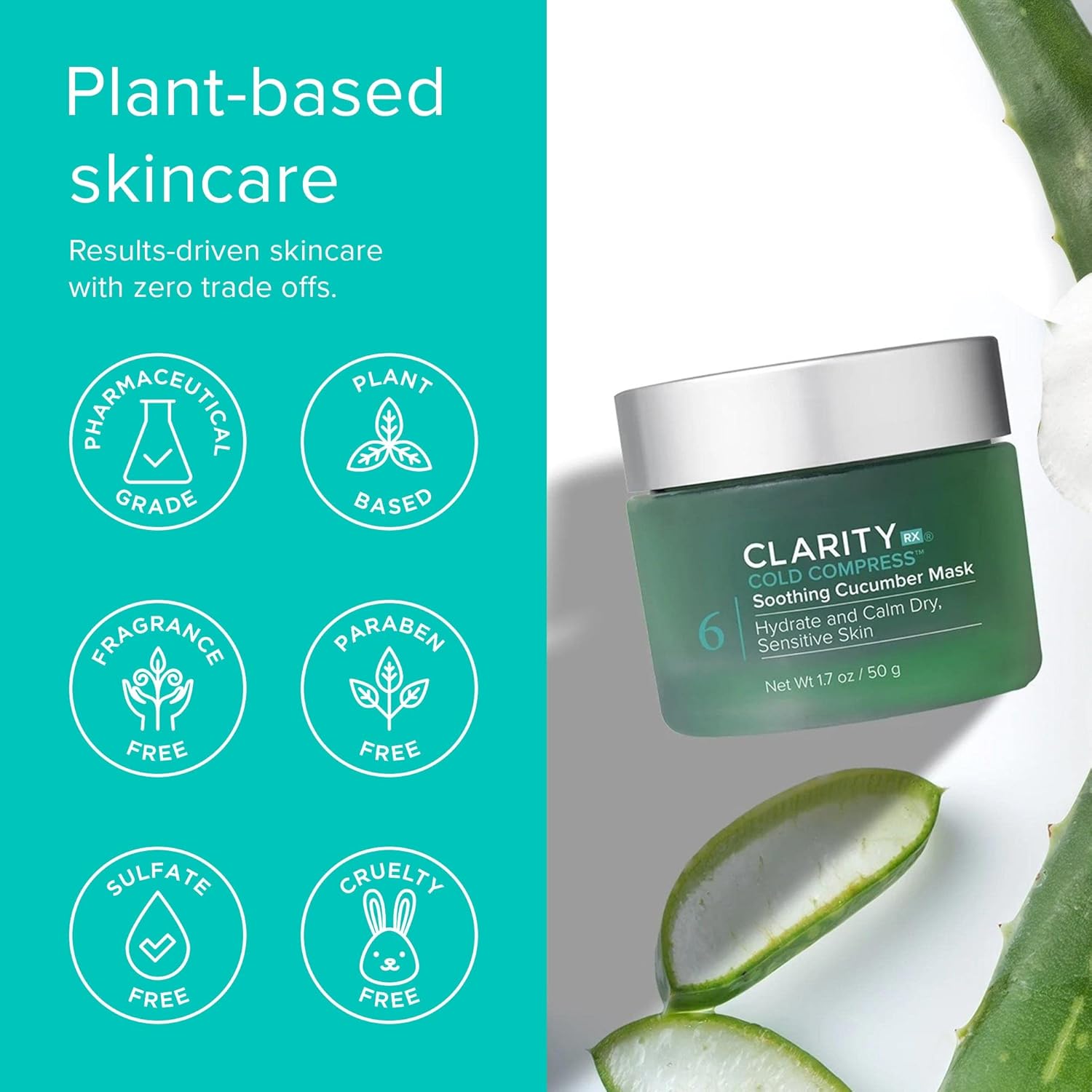 ClarityRx Cold Compress Soothing Cucumber Face Mask, Natural Plant-Based Cooling Facial Treatment with Aloe for Sensitive & Rosacea-Prone Skin (1.7 oz) - Image 7
