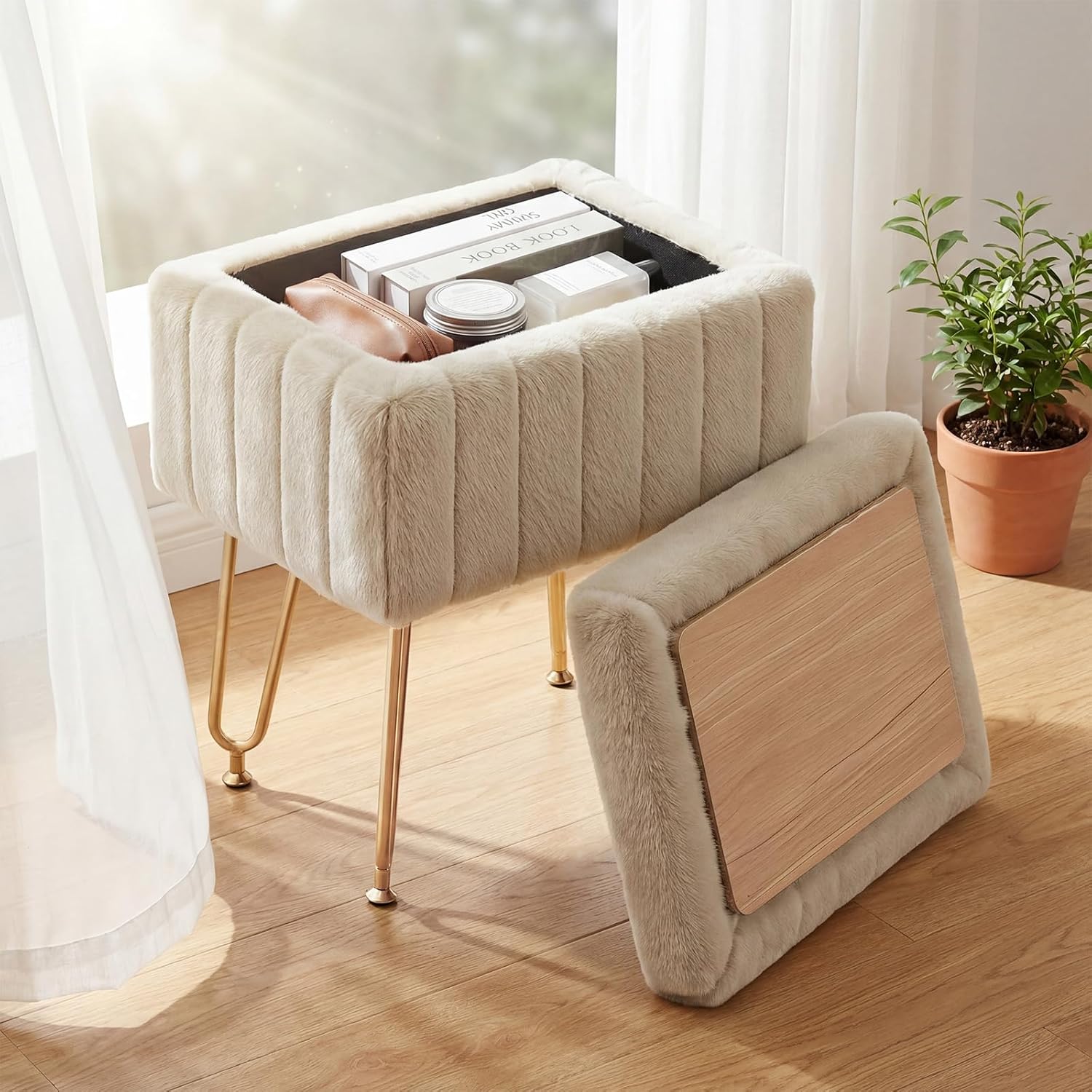 DUMOS Vanity Stool Chair with Storage, Small Ottoman Faux Fur Soft Padded Footstools Seat with 4 Metal Legs Anti-Slip Adjustable Feet Modern Footrest for Home Entryway Bedroom Makeup Camel