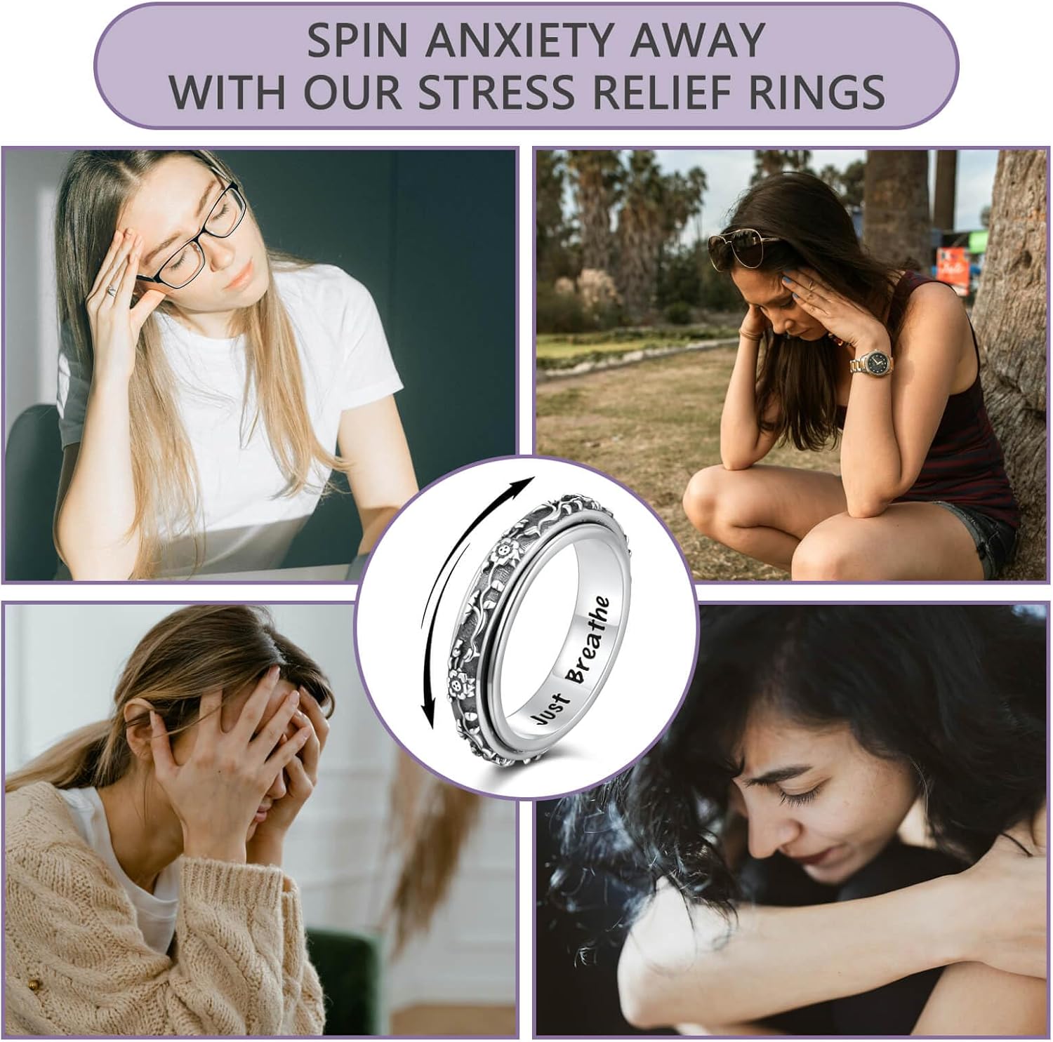 Fidget Spinner Rings for Anxiety Women Just Breathe Sterling Silver Lotus Cross Cat Spinning Worry Ring Stress Relief Calm Jewelry Gifts for ADHD Autism Daughter