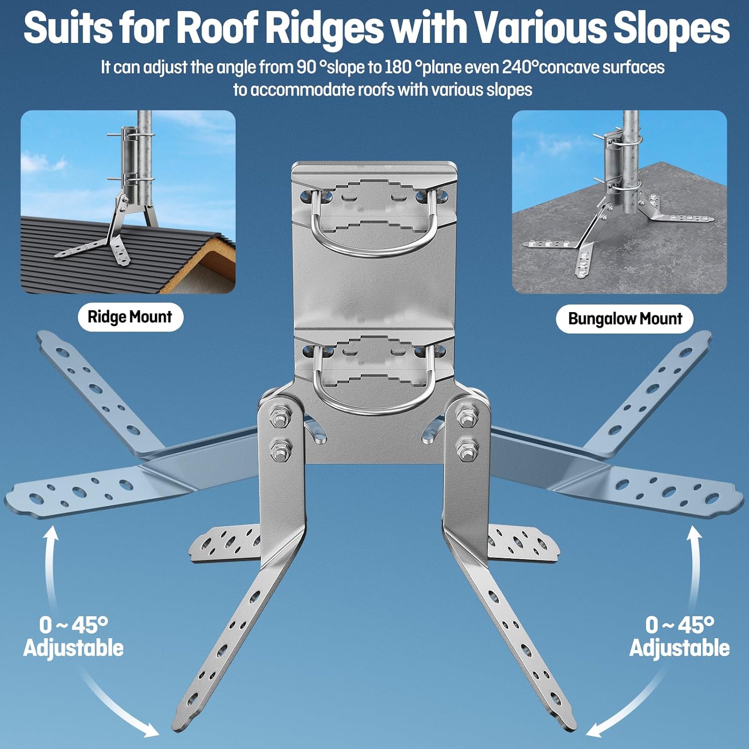 Adjustable Weathervane Roof Ridge Mount, Heavy-Duty Stainless Steel Mast Clamps Holder Fits up to 2.4" OD Poles