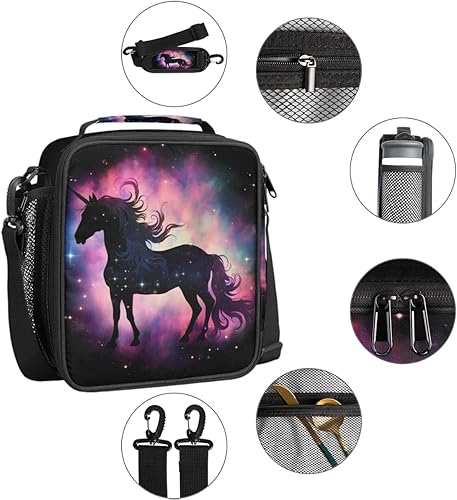 Miniatura 4 de Lonchera con diseño de unicornio y galaxia arcoíris para niños y niñas, bolsa de almuerzo aislada con correa ajustable para el hombro, reutilizable,