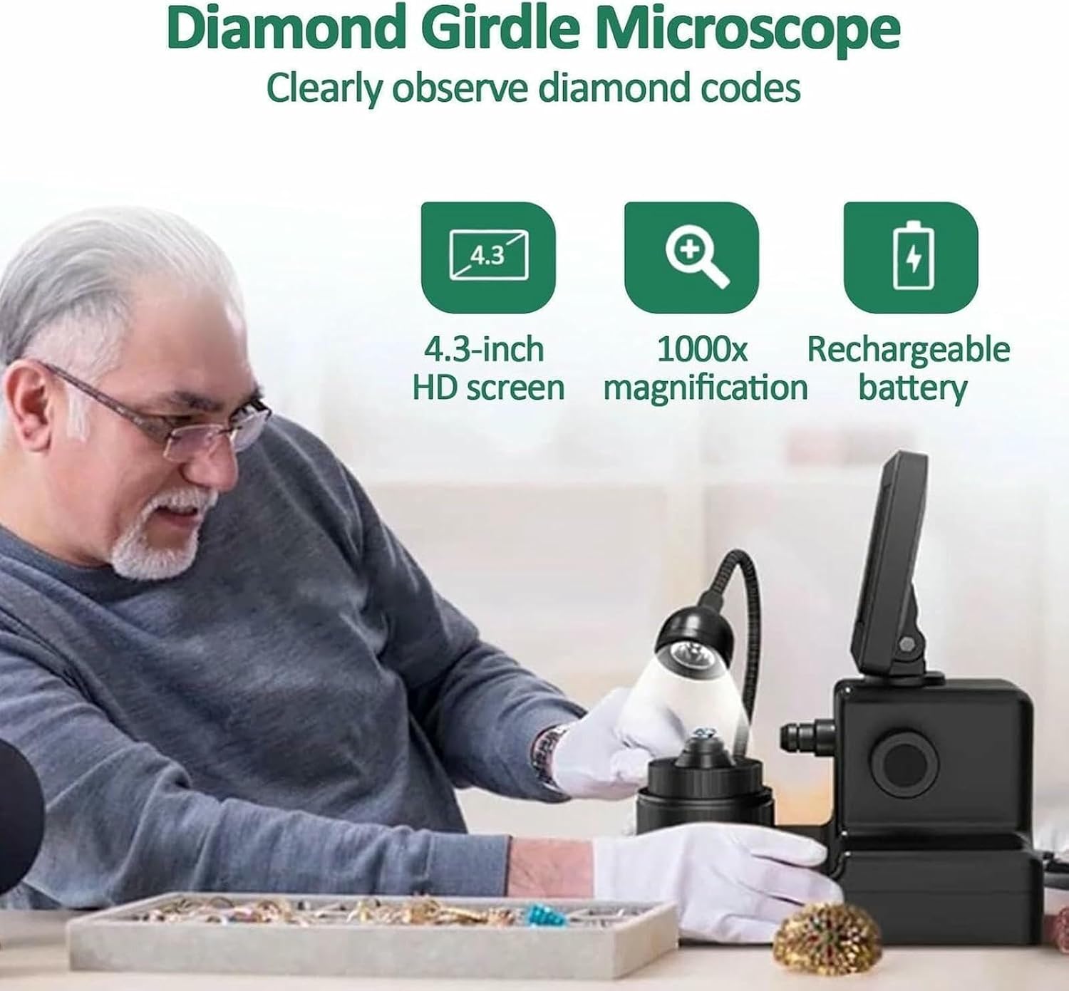 Digital Diamond Girdle Microscope Viewer, 4.3 Inch LCD Screen Digital Microscope, 50-1000x Magnification for Jewelry Property Observation