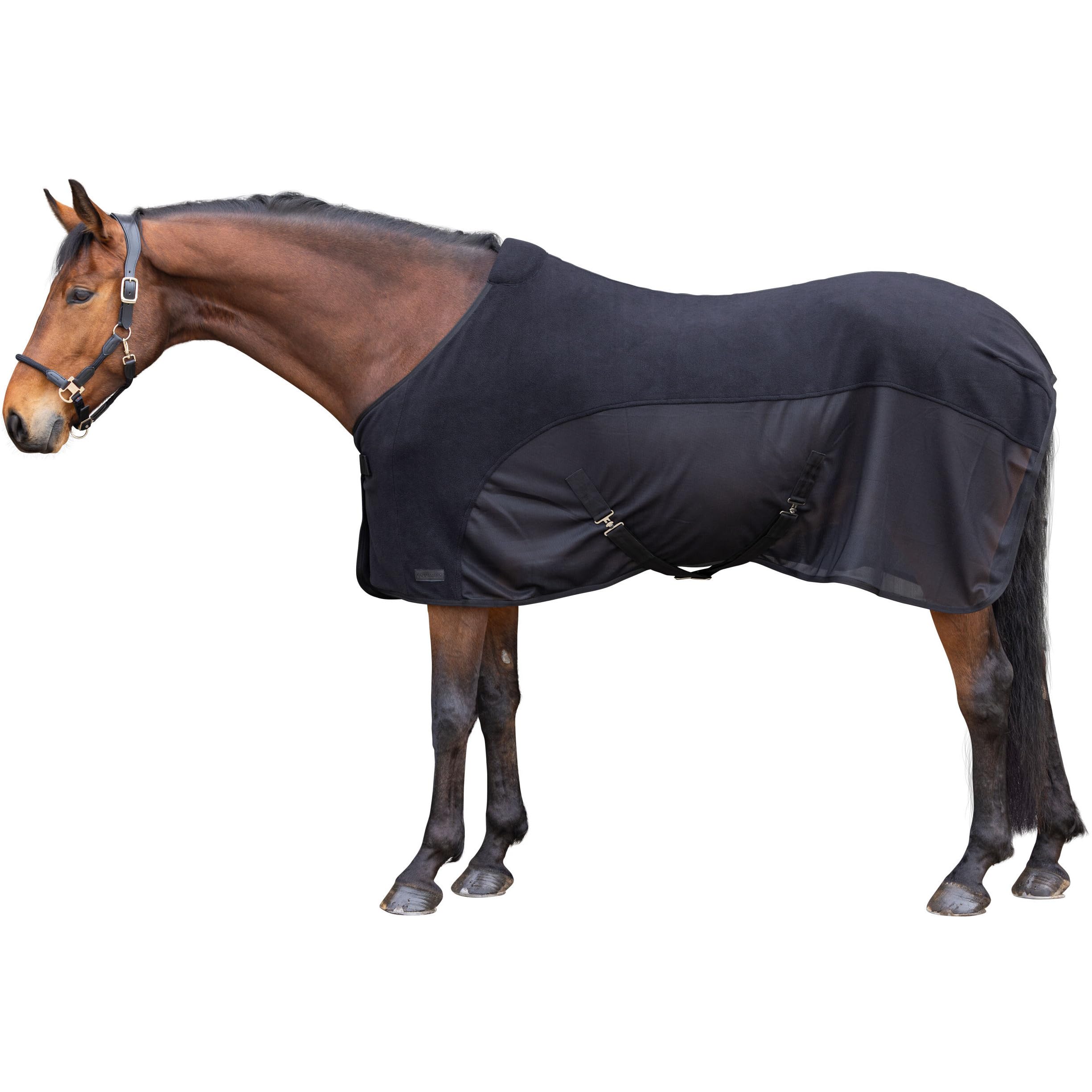 Covalliero - Abschwitzdecke FS26 – Pferdedecke mit Brustverschnallung, Kreuzgurten & Schweifriemen – leicht & atmungsaktiv – Transport- & Fliegendecke in Schwarz (Black) – Gr. 145cm