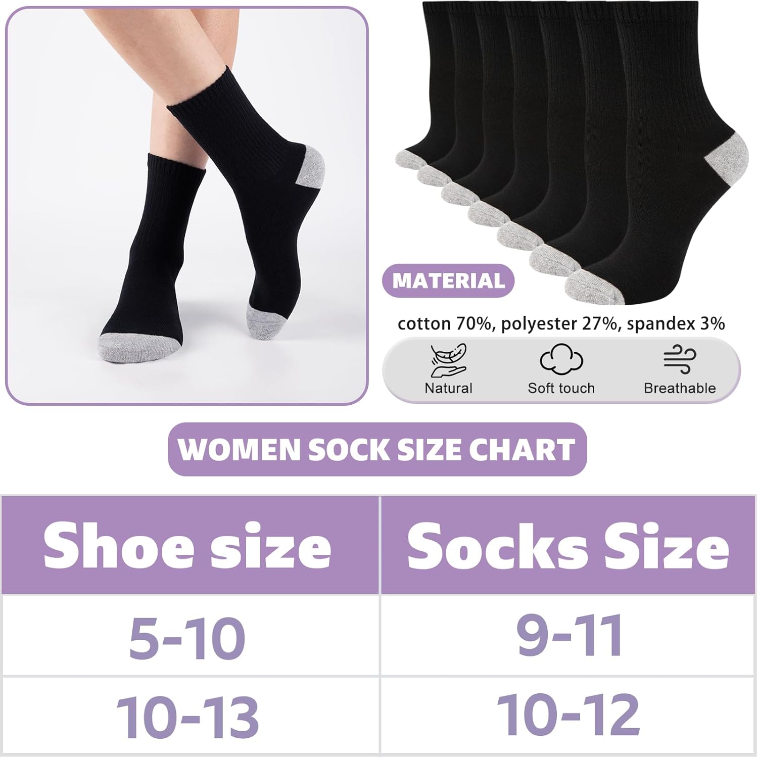 20 Pairs Cotton Women's Crew Socks Lightweight Breathable Athletic Running Quarter Socks Bulk Pack for Casual Wear - Image 2