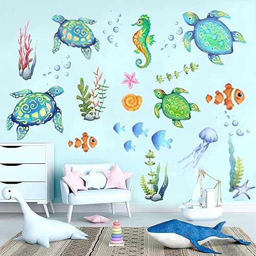Miniatura 7 de Calcomanías de pared bajo el mar, tortuga marina, hierba oceánica, burbujas de medusas, caballito de mar, burbujas de medusas extraíbles, vinilo