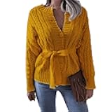 Women's Belted Cardigan Sweater Long Sleeve Button Down Hollow Knitwear Solid Color Fall Winter Open Front Coats