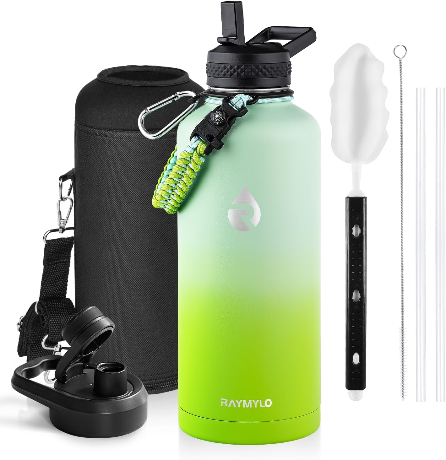 Insulated Water Bottle 64 oz, Triple Wall Vacuum Stainless Steel (Cold for 48 Hrs), Leak Proof & Non-BPA, Half Gallon Water Flask Jug with Paracord Handle & Straw Spout Lids, Dark Gray