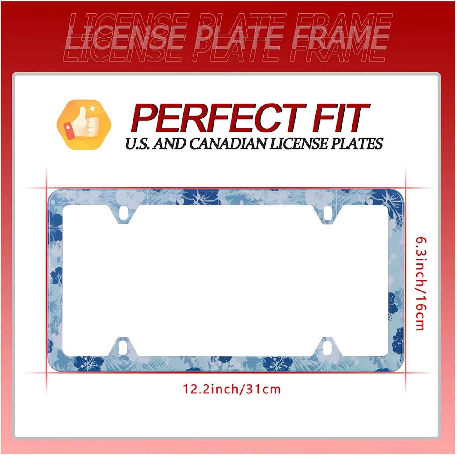 【2Pcs】 Vintage Hibiscus Beautiful Blue White Floral License Plate Frame Hawaii Stainless Steel Car Plate Accessory Decor 8 Holes Screws 12.3" x 6.3" Fit All Vehicle Standard Size