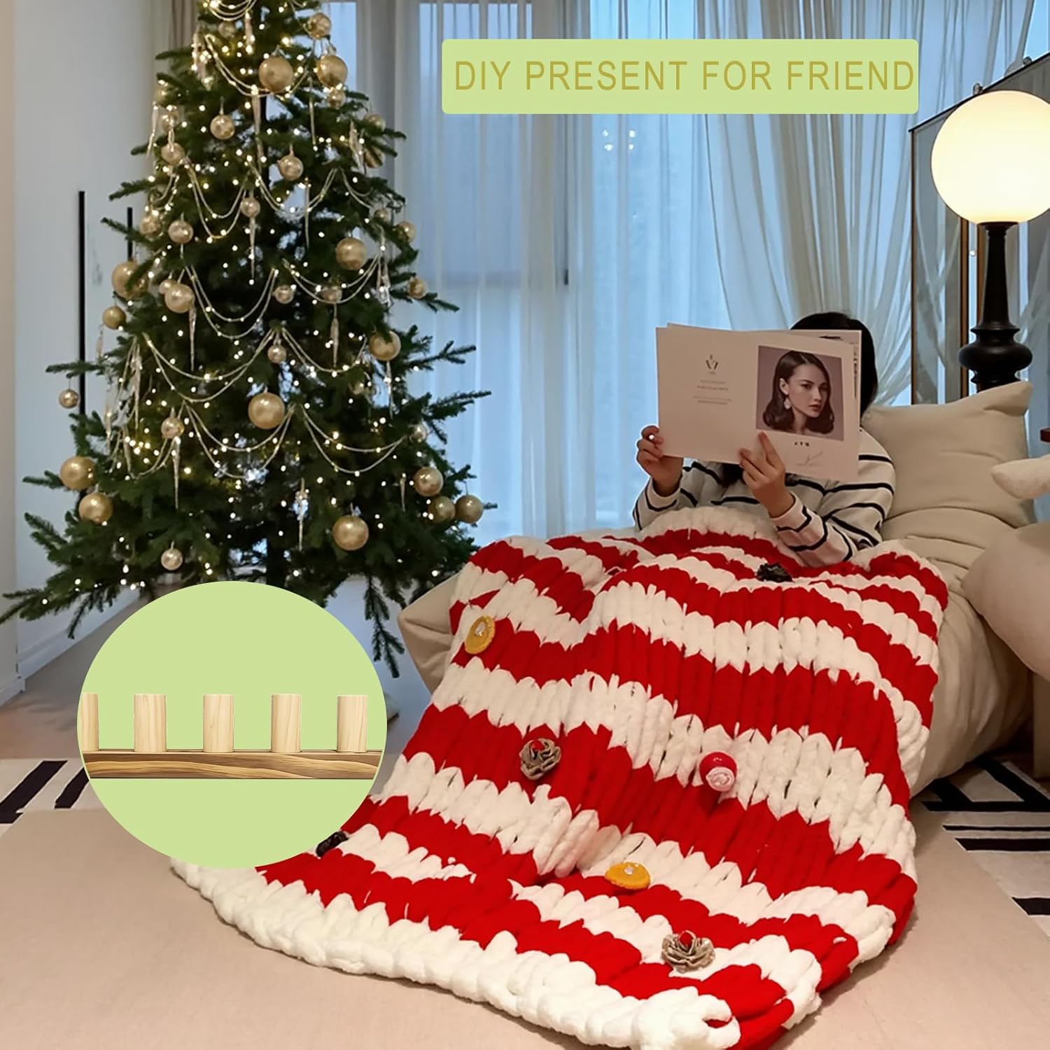 60" Chunky Knitting Loom Kit - Jumbo 60-inch Adjustable & Reusable Wood Frame for Extra Large Blankets, Scarves & Crafts, DIY Loom for Beginners with Bulky Yarn