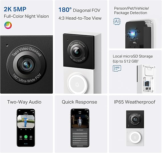 Tapo TP-Link Akıllı Video Kapı Zili Kamera Kablolu, 2K 5MP, Renkli Gece Görüşü, 180° Ultra Geniş FOV, 2 Yönlü Ses, Ücretsiz AI Algılama, Bulut ve SD Kart Depolama, Alexa ve Google Home ile çalışır,