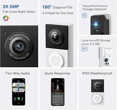 Tapo TP-Link Akıllı Video Kapı Zili Kamera Kablolu, 2K 5MP, Renkli Gece Görüşü, 180° Ultra Geniş FOV, 2 Yönlü Ses, Ücretsiz AI Algılama, Bulut ve SD Kart Depolama, Alexa ve Google Home ile çalışır,