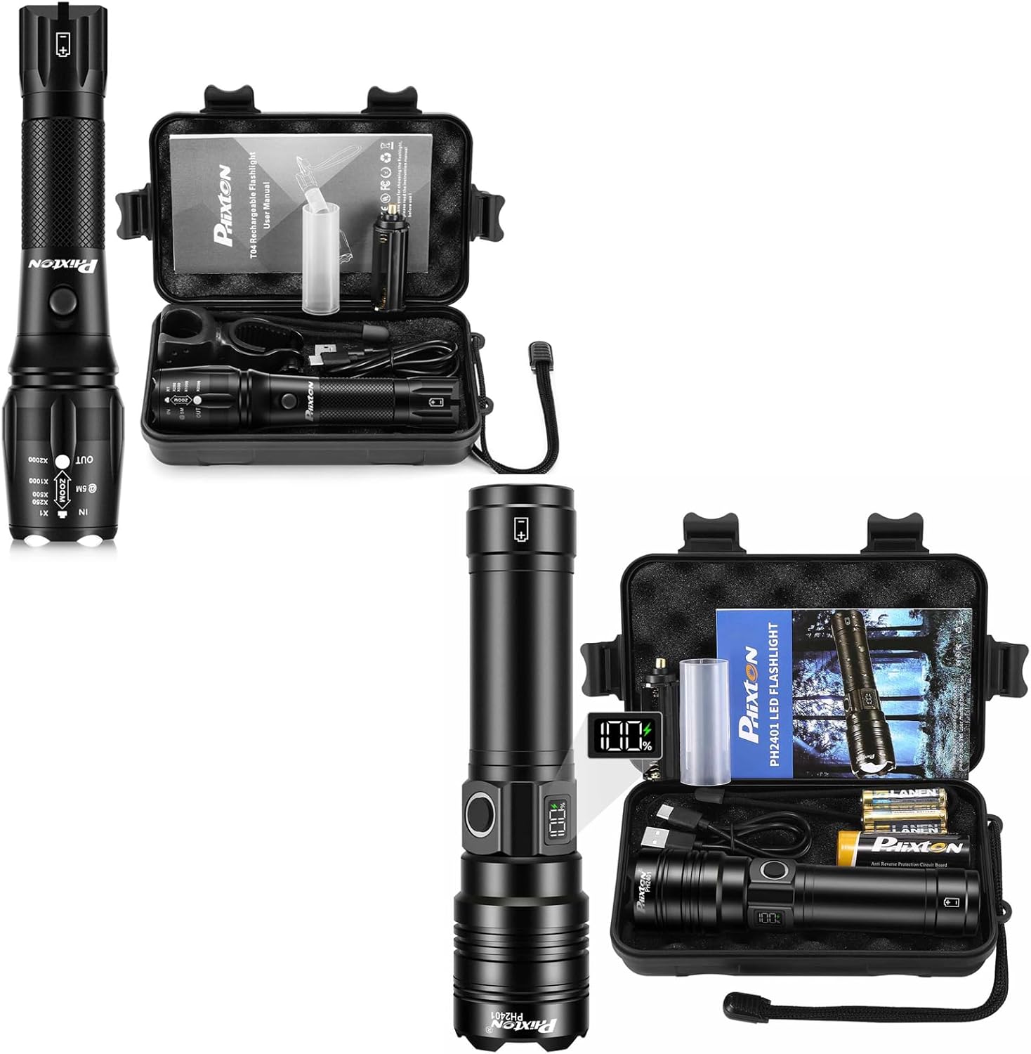 PHIXTON 2 Pack Rechargeable Flashlights, T04 USB C + PH2401 Long Range