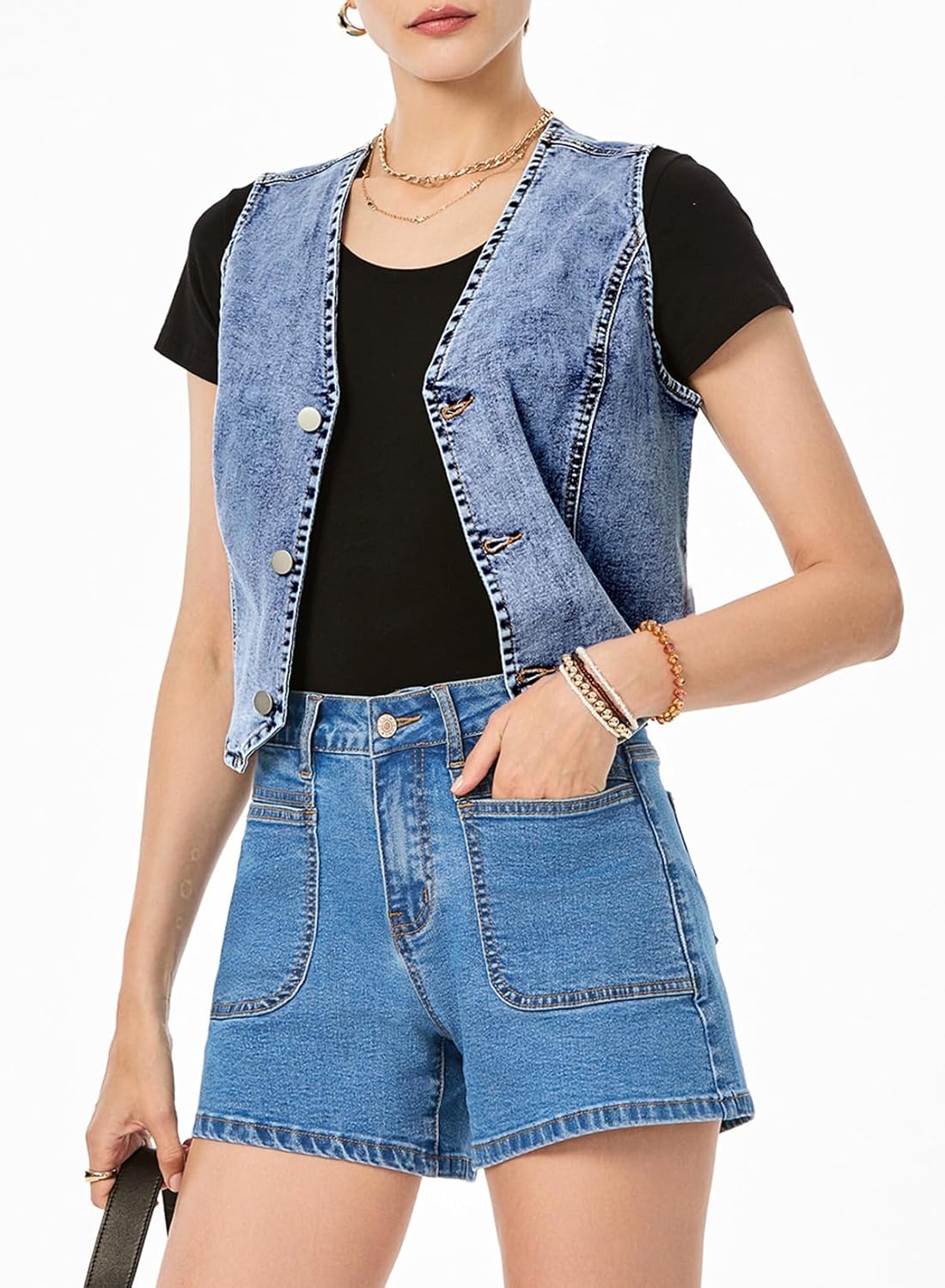 Sidefeel Women's Denim Vest Sleeveless V Neck Zimbaplatinum Jean Vest Top Button Down Crop Waistcoat Vest Summer Outfit