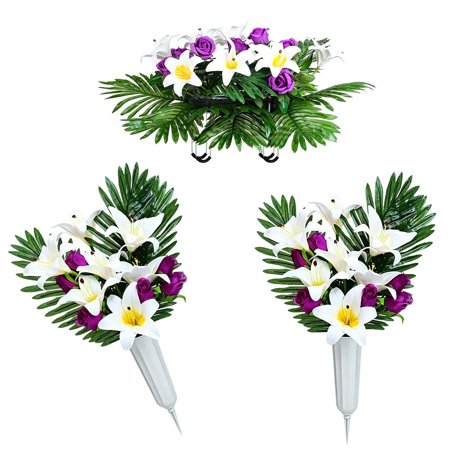 Whoasyst Memorial Flowers Artificial Cemetery Set with White Lilies Blooms Florals Decoration and Headstones Placement Grave Decoration