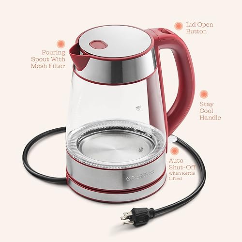 Miniatura 9 de Speed-Boil - Hervidor eléctrico para agua de 1.7 L y 1500 W, hervidor de café y té de vidrio de borosilicato, apertura amplia, apagado automático,