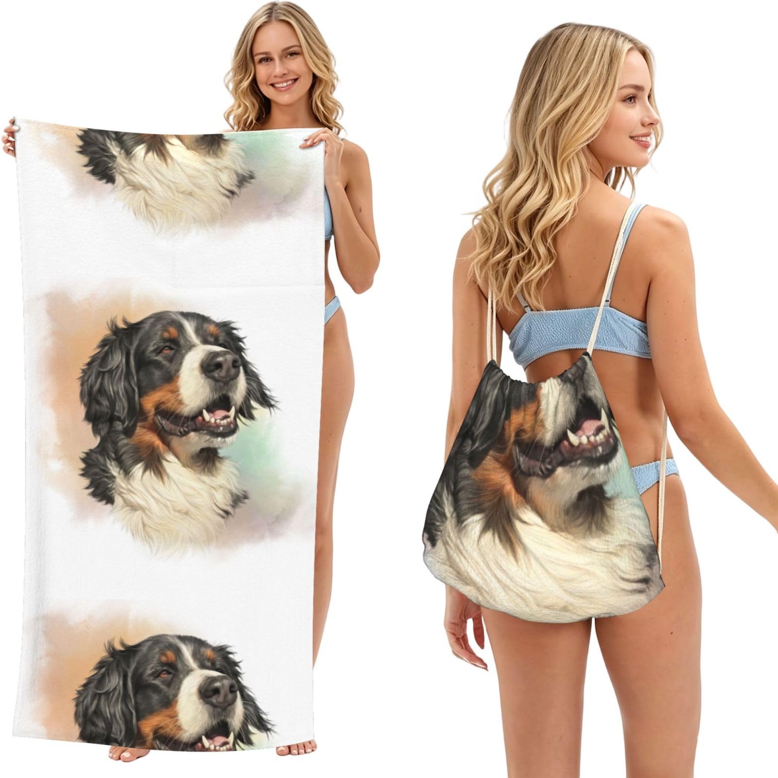 Poadnly As Picture Bernese Mountain Dog Realistic Portrait Berner, 2 In 1 Packable Towel Bag, Beach Towels With Drawstring Backpack For Travel Holiday Camping