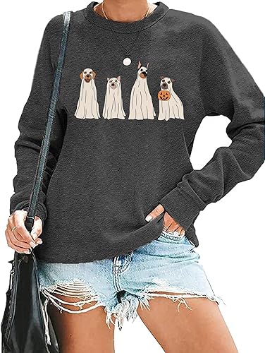 Miniatura 2 de MYCHTE Sudadera de Halloween con diseño de perro fantasma para mujer, camiseta de regalo casual de manga larga, camiseta de otoño para vacaciones
