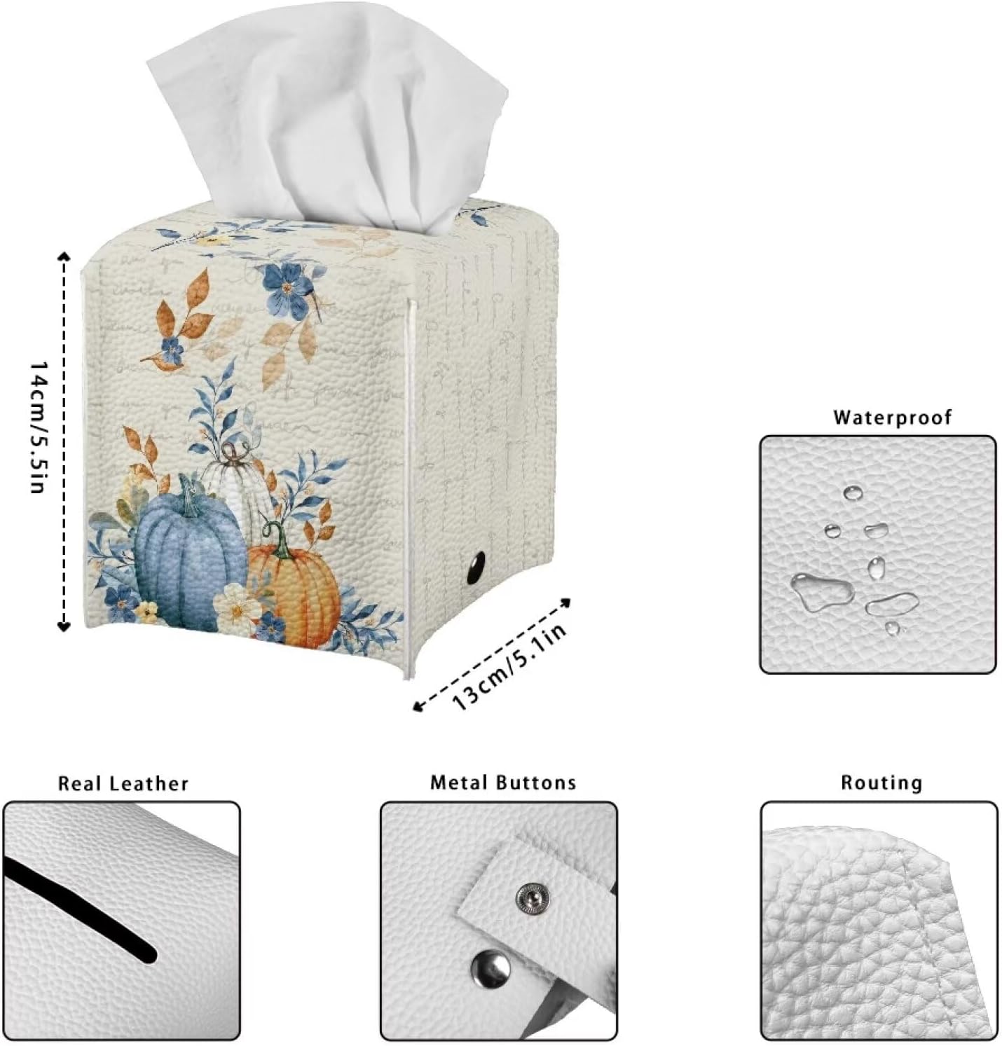 Blue Pumpkin Floral Tissue Box Cover, Leather Square Facial Tissue Case Waterproof Cube Paper Covers Thanksgiving Decor Napkin Holder Case for Bathroom Vanity Countertops Bedroom