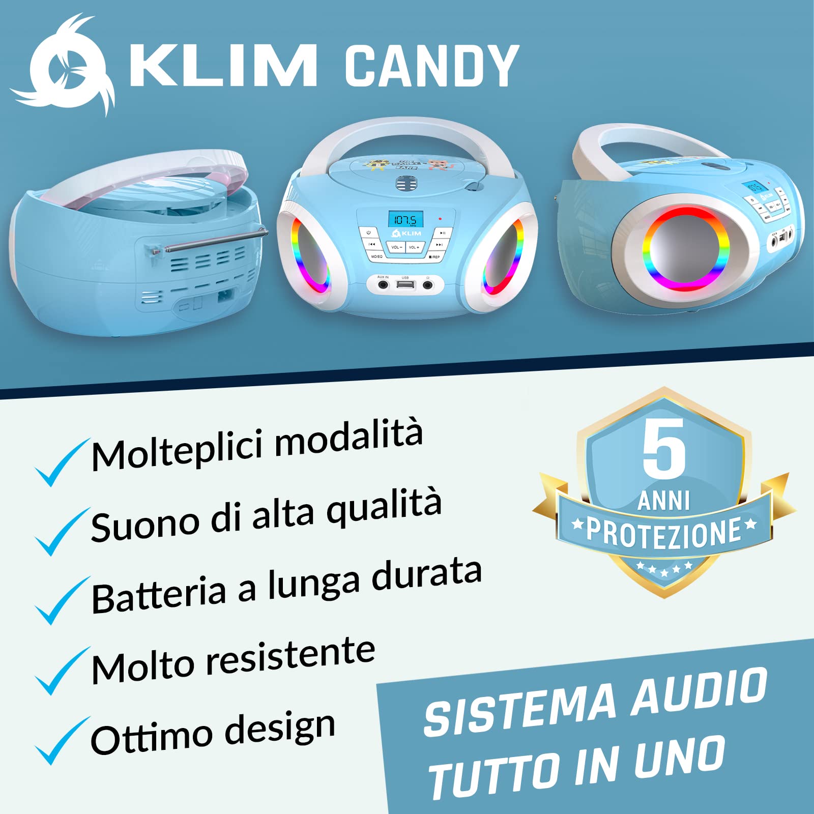 KLIM Candy Stereo per bambino NUOVO + Radio FM + Batterie incluse + Lettore CD Blu con altoparlanti e Radio + Regalo Perfetto