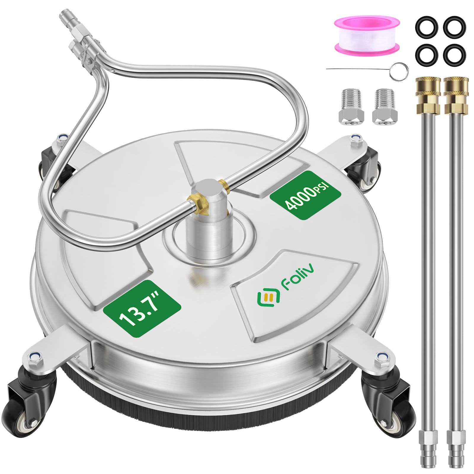 FOLIV 13.7" " Pressure Washer Surface Cleaner with 4 Wheels Stainless Steel Washer Surface Cleaner & Unique Bending Rod Design 2 Nozzels for Cleaning Driveway, Sidewalk,4000PSI