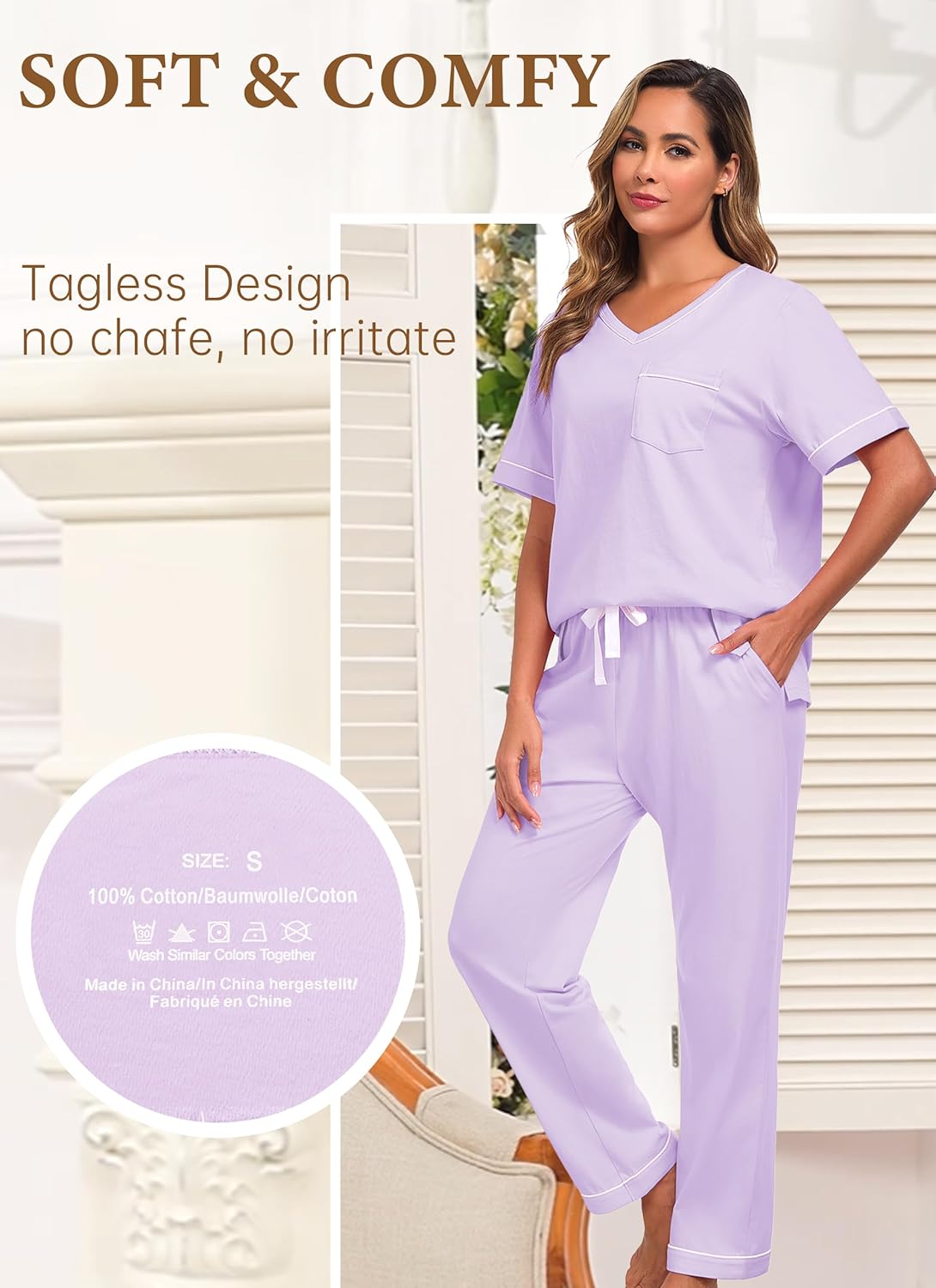 EA'S SECRET 100% Cotton Pajamas for Women Set V Neck Loungewear Pajama Pants Womens Lounge Sets Pjs Sleepwear with Pockets - Image 4