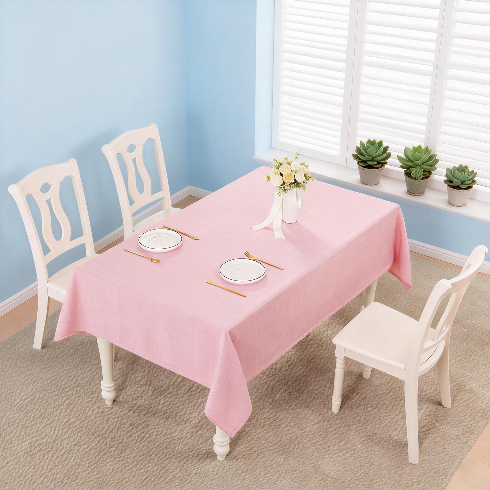 Nappe rectangulaire impermeable Rose 140 x 240 cm Aspect Lin Tissu | Moderne Nappe Lavable Anti-Tache de Table Restaurant exterieur jardin Noel Fête Anniversaire Mariage Maison