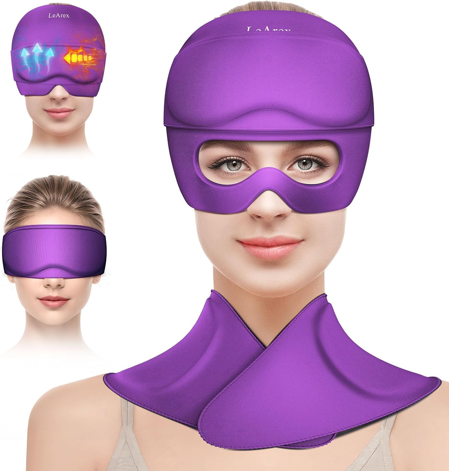 3 in 1 Migraine Relief Cap Neck Ice Pack Wrap Gel and Ice Eye Masks, Detachable Ice Caps with Eyes Masks, Hot and Cold Therapy for Relief of Headaches, Stiff Neck and Eye Fatigue (Purple)