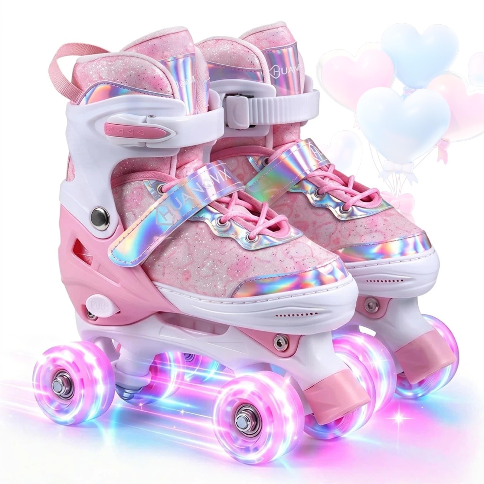 4 Sizes Adjustable Kids Roller Skates for Girls Boys Indoor Outdoor Sports, Love-Pink, Small-Little Kids